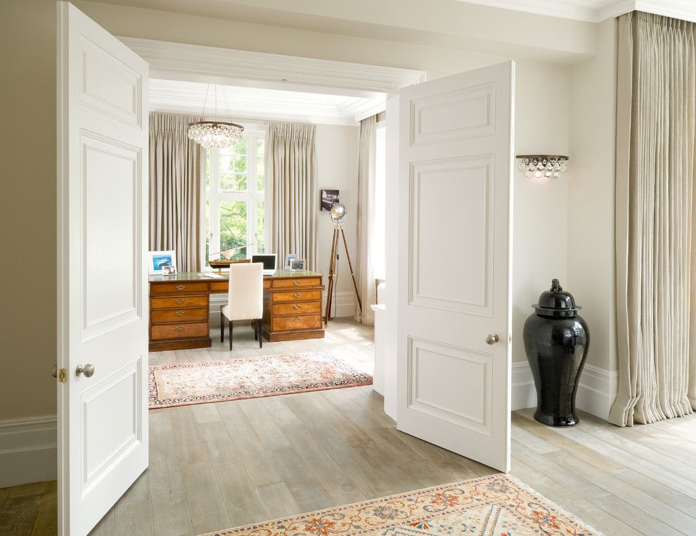 Ochre Lighting for a Victorian Home Office with a Tripod Floor Lamp and Stunning Hallway Looking Into Beautifully Finished Home Study by London Basement