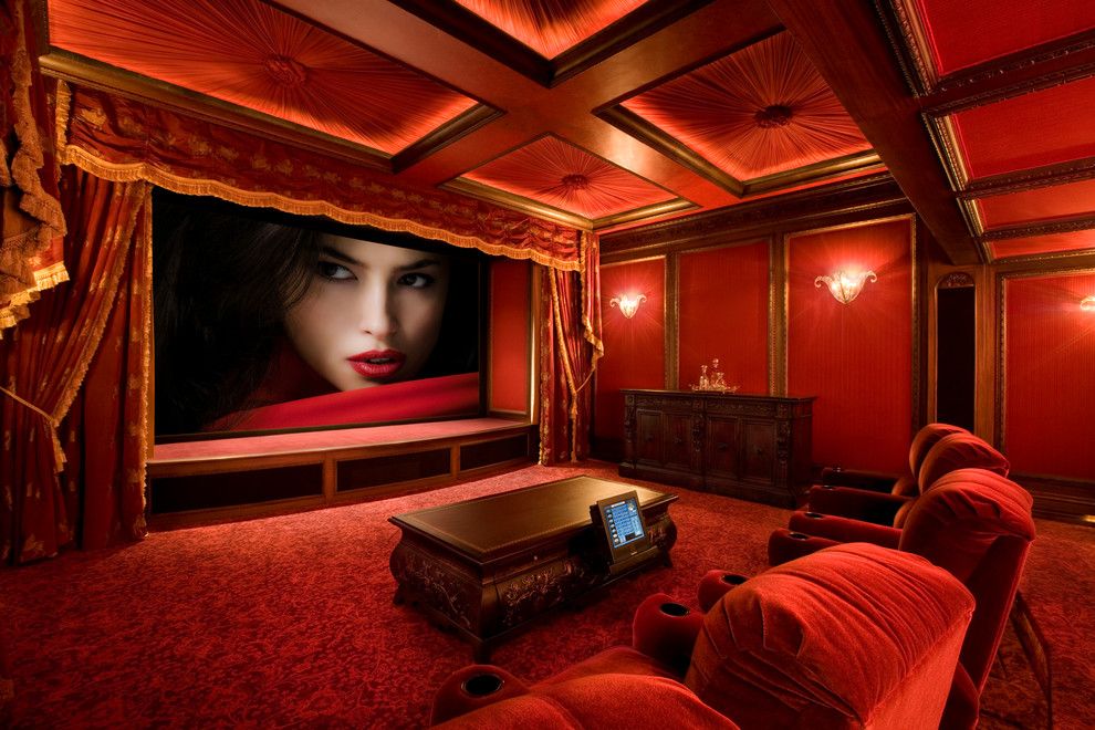 Old Orchard Theater for a Traditional Home Theater with a Red Armchair and Bliss Home Theaters & Automation, Inc.   Www.blisshta.com by Bliss Home Theaters & Automation, Inc