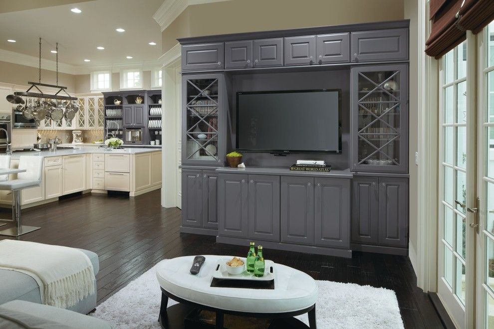 Omega Cabinetry for a  Family Room with a Glass Cabinet Doors and Omega Custom Entertainment Cabinets by Masterbrand Cabinets, Inc.