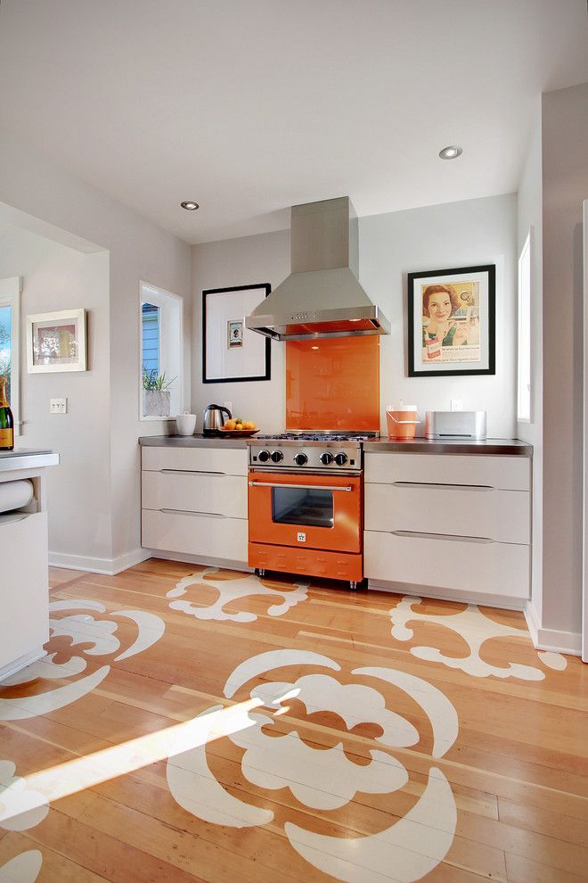 Painted Plywood Floors for a Contemporary Kitchen with a White Drawers and Ballard Residence by Zinc Art + Interiors