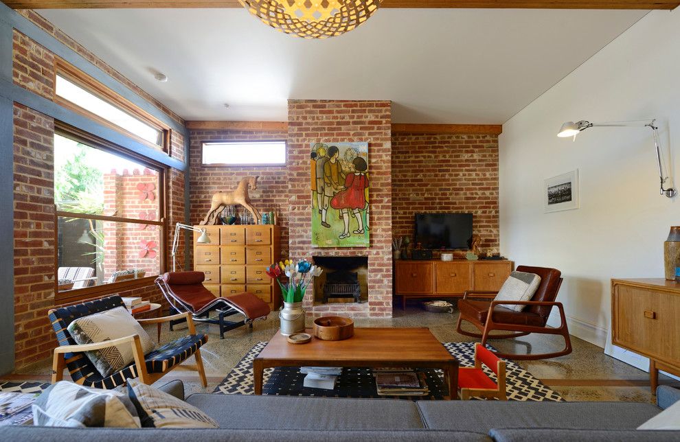 Painting Brick Fireplace for a Midcentury Living Room with a Red Brick and Mid Century Modern Family Home Situated One Metre From Workamy Houzz: Connecting by Jeni Lee