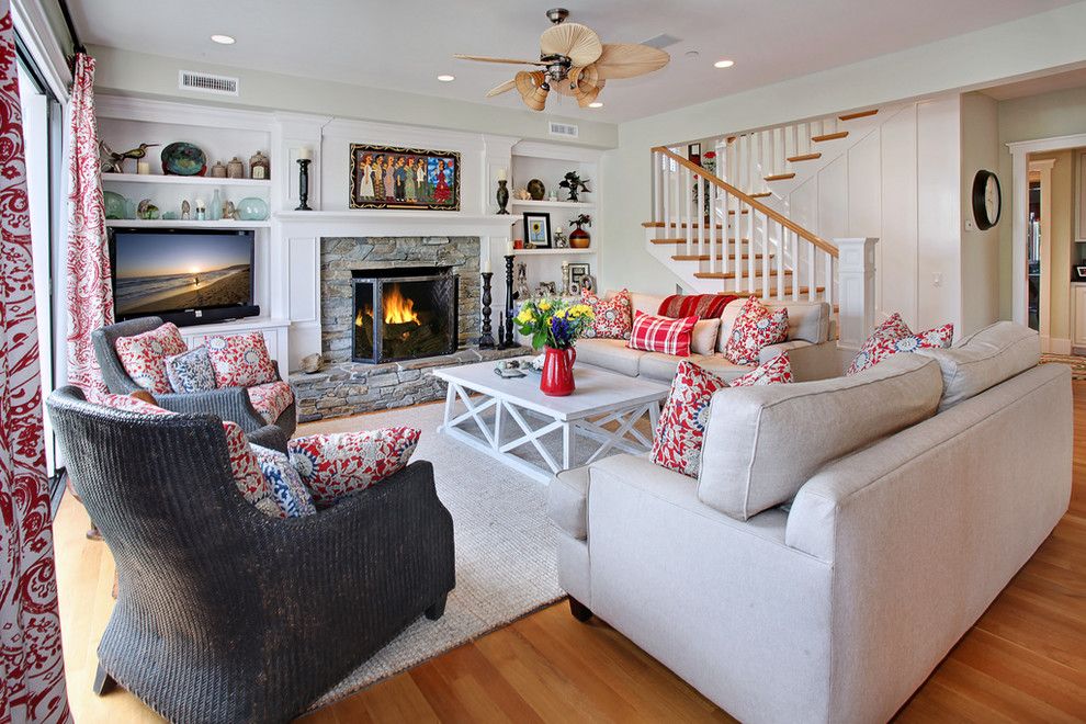 Painting Wicker Furniture for a Beach Style Living Room with a Ceiling Fan and San Clemente Remodel by Darci Goodman Design