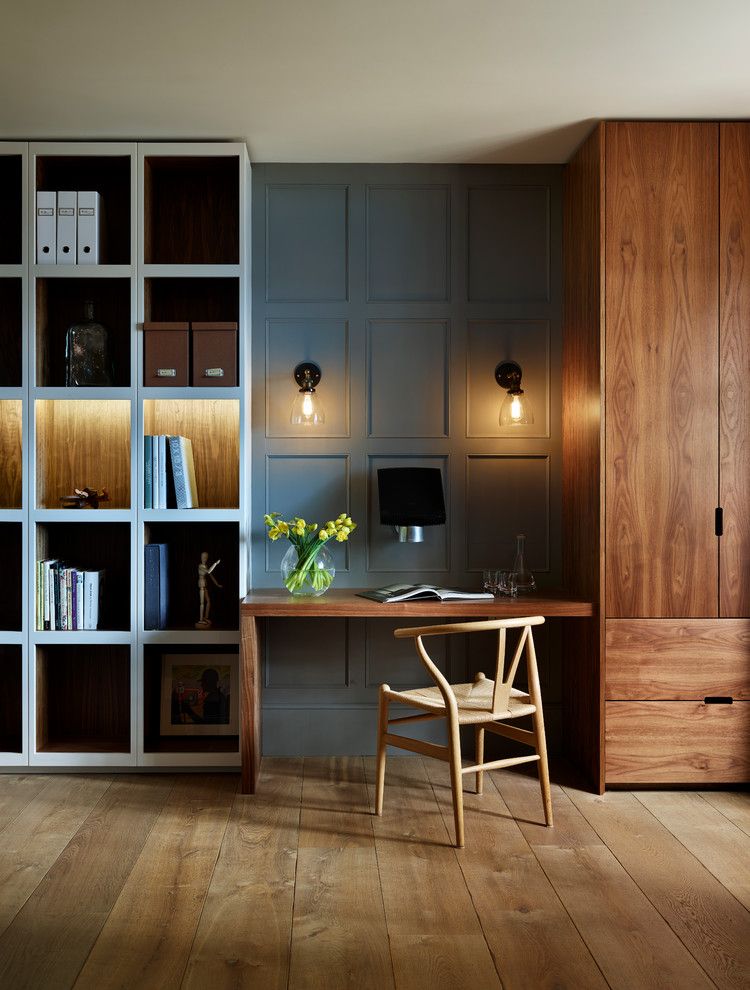 Painting Wood Paneling for a Contemporary Home Office with a Display Cabinet and Teddy Edwards Bespoke Study & Library Furniture by Teddy Edwards