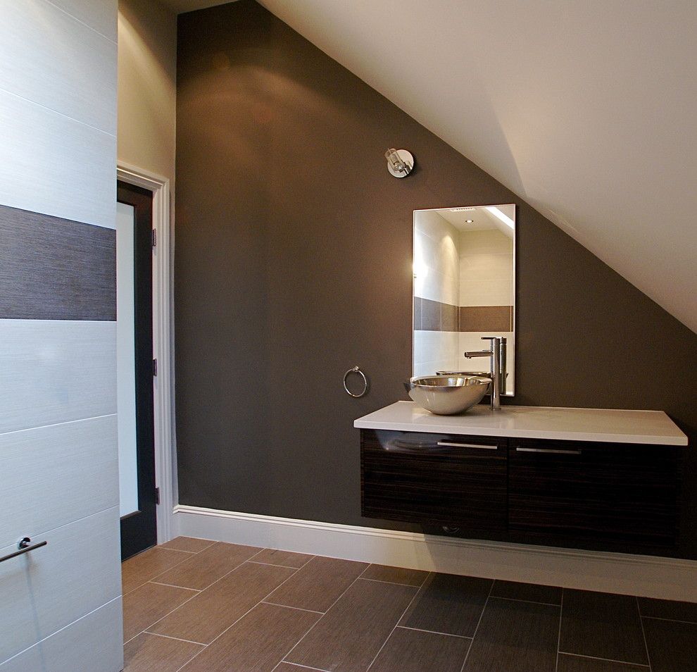 Pallet Flooring for a Modern Bathroom with a Dark Wall and Bathrooms by Melissa Miranda Interior Design