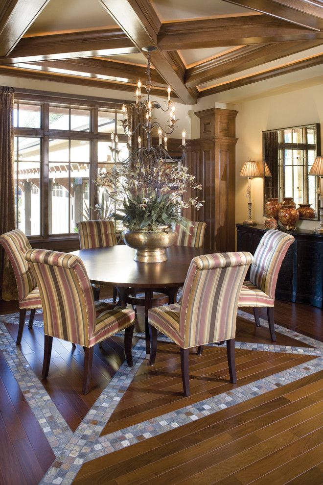 Pallet Flooring for a Traditional Dining Room with a Chandelier and Copper Falls by Alan Mascord Design Associates Inc