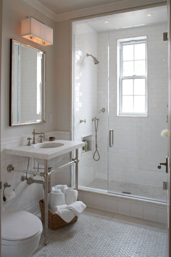 Pallet Flooring for a Transitional Bathroom with a Wall Mirror and Union Square Transitional Renovation by B Moore Design, Inc.