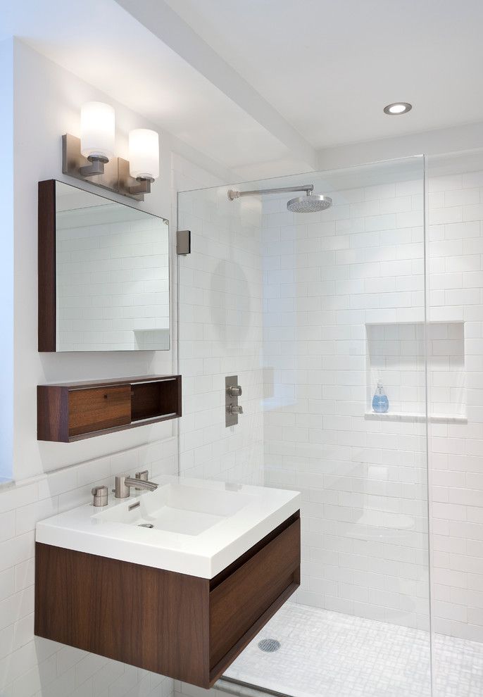 Pallet Shelf for a Contemporary Bathroom with a Floating Vanity and East End Avenue Apartment by Weil Friedman Architects