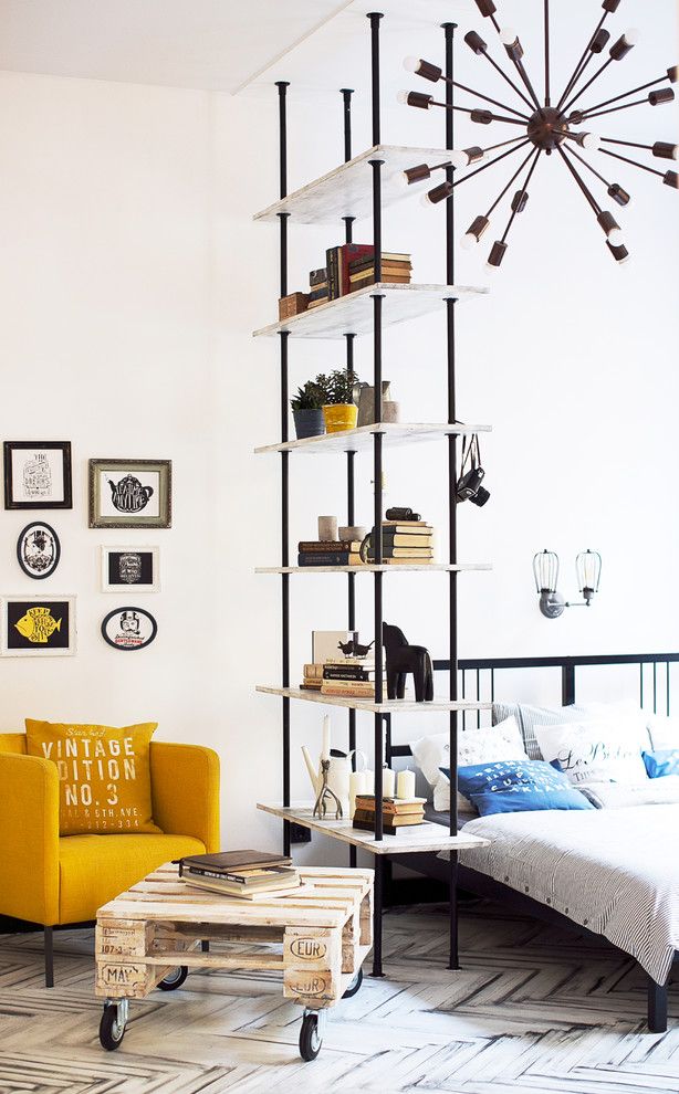 Pallet Shelf for a Industrial Bedroom with a Yellow Armchair and Светлая Квартира Историческом Центре Петербурга by Bohostudio