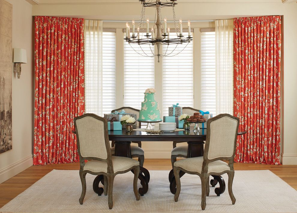 Pebble Tec Colors for a Contemporary Dining Room with a Drapery Fabric and Add Color with Printed Drapes by Budget Blinds