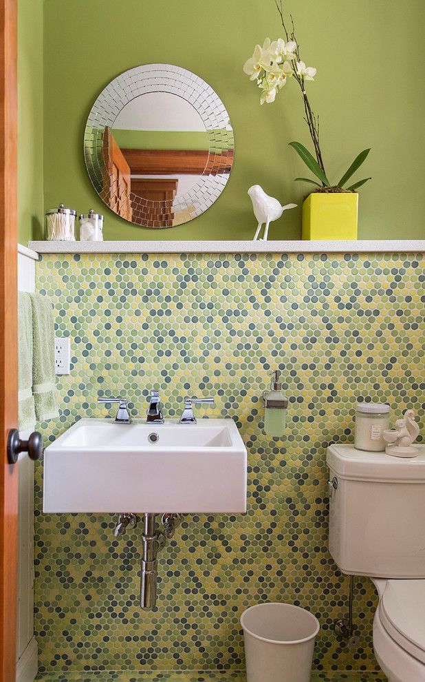 Pebble Tec Colors for a Contemporary Powder Room with a Blue Yellow Green Dot Tile and Round About by David Lund Design