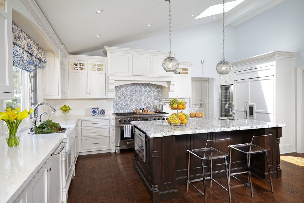 Pental for a Traditional Kitchen with a Kitchen Island Pendants and Transitional White Kitchen with Moroccan Accents by Lauren Jacobsen Interior Design