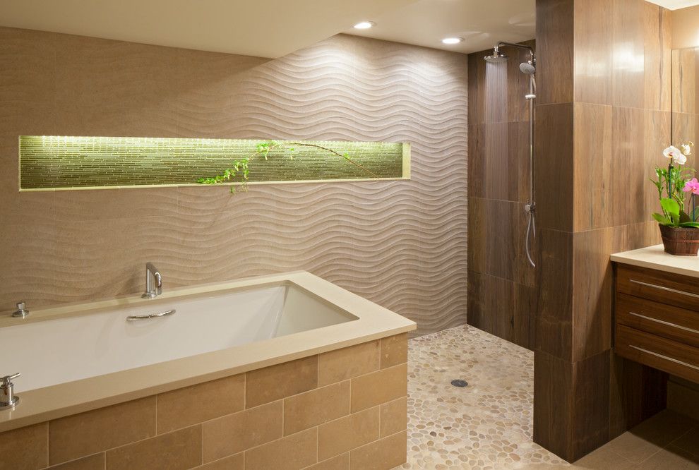 Pental Tile for a Contemporary Bathroom with a Master Bathroom and Truffle Master Bath by Ash Pierce Design, Llc