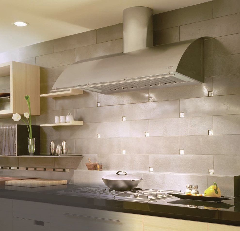 Pental Tile for a Modern Kitchen with a Floating Shelves and Zephyr by Zephyr Ventilation