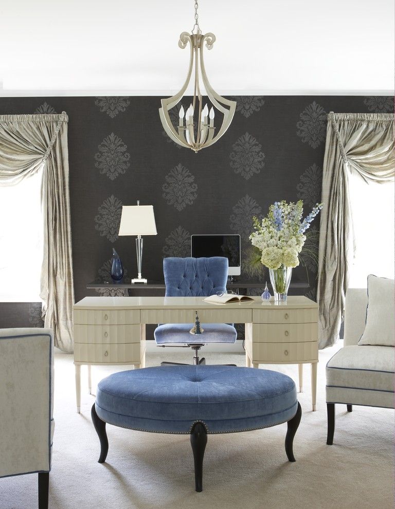 Perch Furniture for a Transitional Home Office with a Wallpaper and Glamorous Home Office by Cynthia Mason Interiors