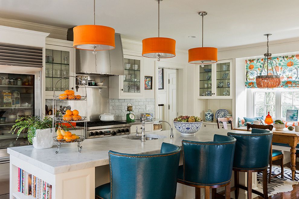 Persimmon Color for a Contemporary Kitchen with a Blue Barstools and in Living Color : Wellesley by Katie Rosenfeld Design