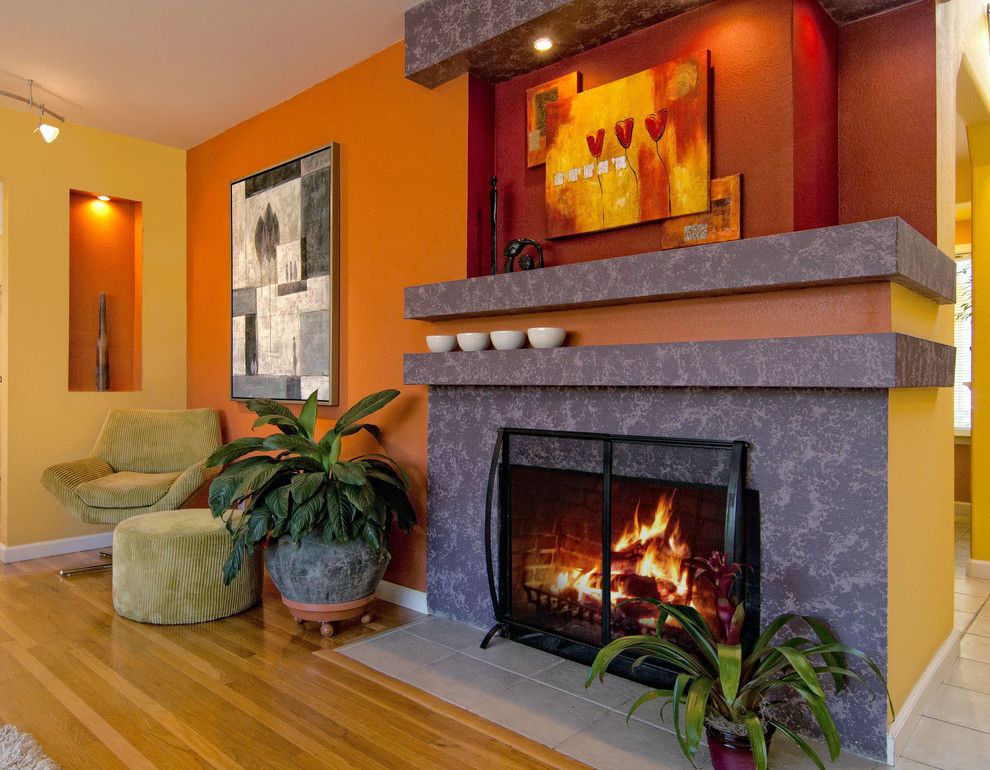 Persimmon Color for a Contemporary Living Room with a Fireplace and Private Residence by Artissimo   Idit Deutsch