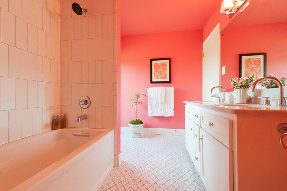 Persimmon Color for a Modern Bathroom with a Black Framed Artwork and Pink Bathroom by Schroeder