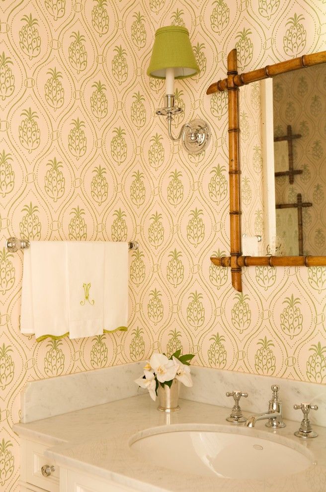 Pineapple Symbolism for a Eclectic Powder Room with a Sconce and Brentwood Regency Estate by Elizabeth Dinkel