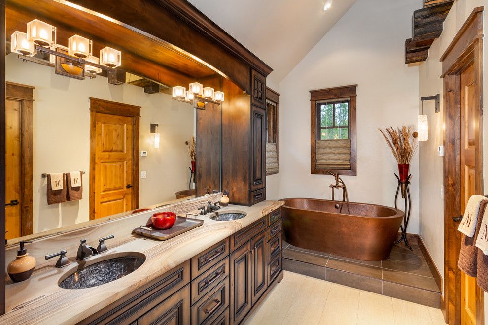 Pinnacle Homes for a Rustic Bathroom with a Two Sinks and 282 Peerless Drive   Bathroom by Pinnacle Mountain Homes