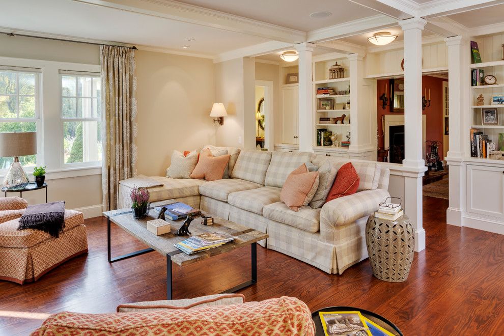 Platte Furniture for a Traditional Family Room with a Coffered Ceiling and Custom Kitchen and Family Room Remodel, Sudbury, Ma by Platt Builders