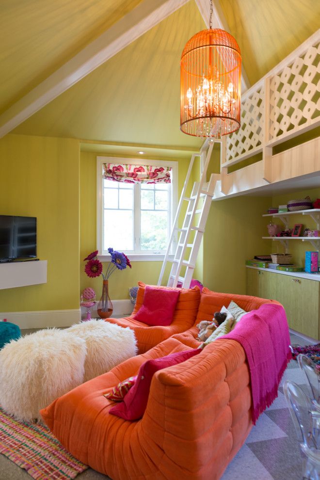 Playroom Ideas for a Contemporary Kids with a Cage Chandelier and Playroom Loft by Studio H Design Group, Inc.