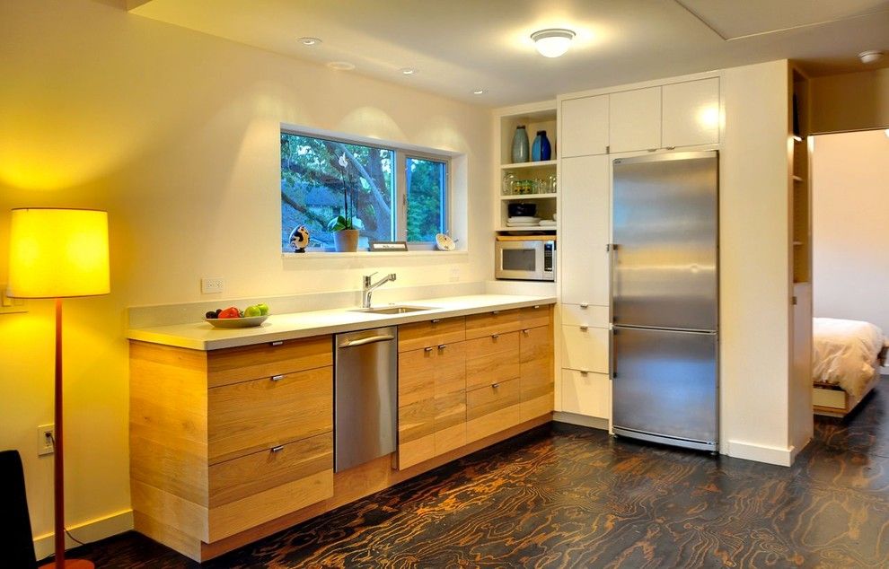 Plywood Flooring Ideas for a Contemporary Kitchen with a White Walls and Fisher Street House by Donna Kacmar