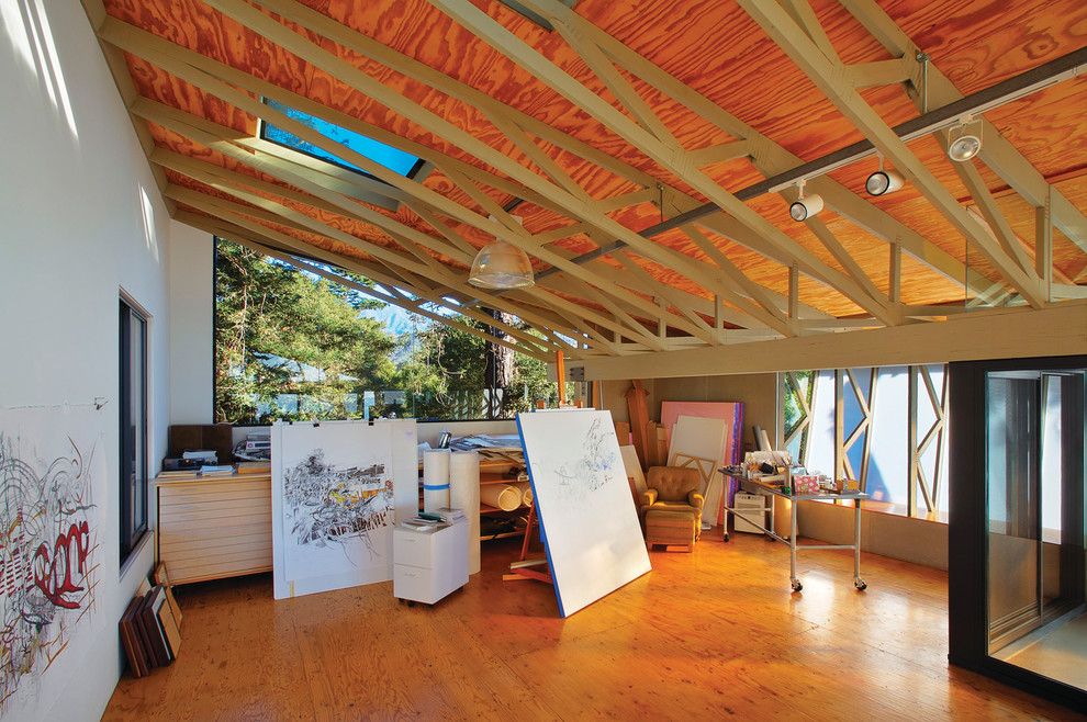 Plywood Flooring Ideas for a Rustic Home Office with a Santa Barbara and Santa Barbara Artists Studio by Shubin + Donaldson Architects, Inc.