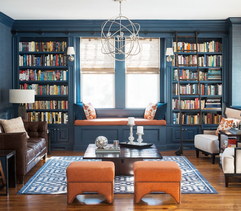 Precedent Furniture for a Transitional Living Room with a Wooden Library Ladder and Pine Library by Cory Connor Designs