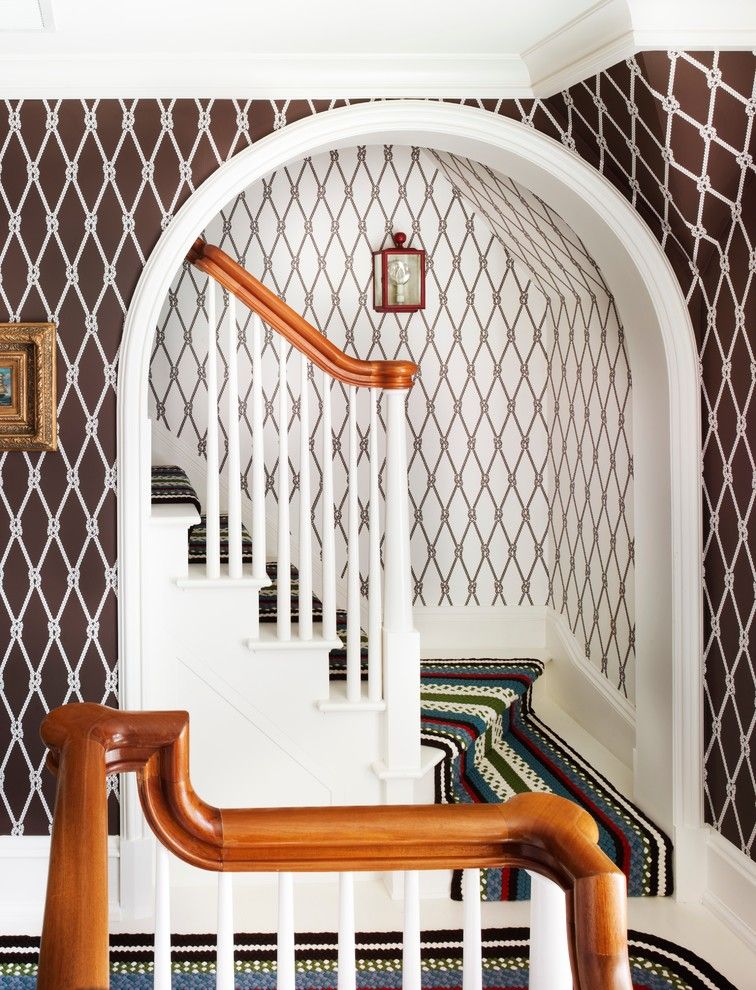 Preppy Wallpaper for a Beach Style Staircase with a Stair Runner and Westchester Waterfront by Anthony Baratta Llc