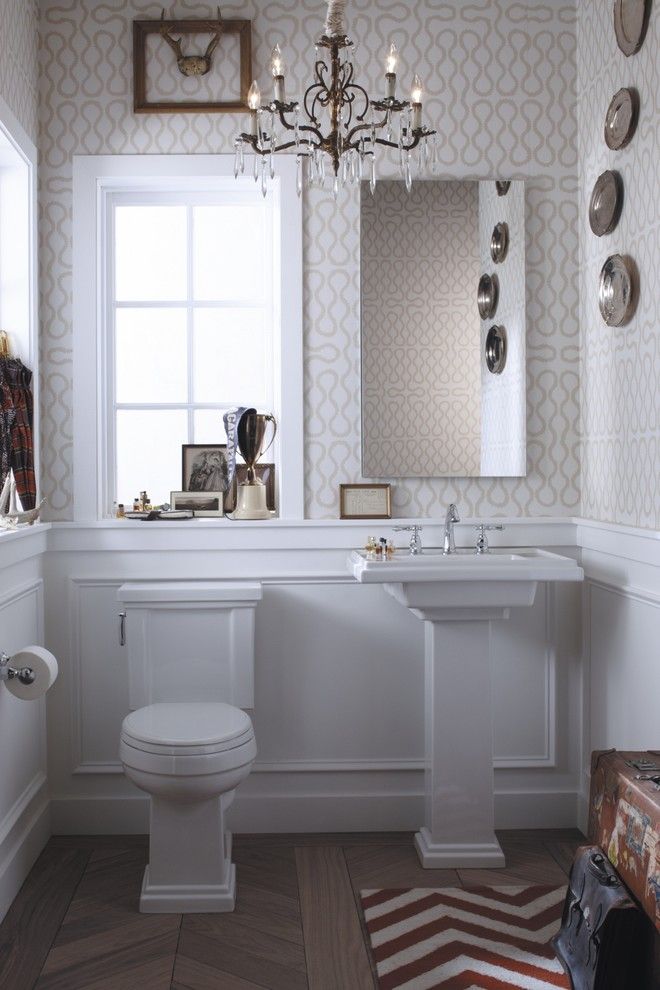 Preppy Wallpaper for a Eclectic Powder Room with a Matching Sink and Toilet and Eclectic Preppy Powder Room by Kohler