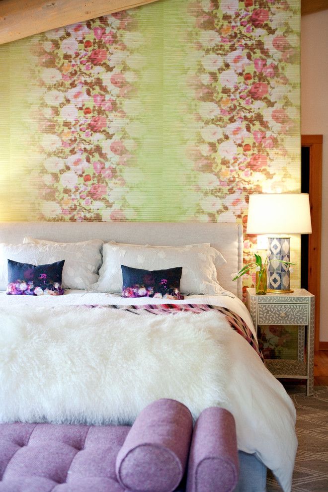 Preppy Wallpaper for a Rustic Bedroom with a Fur Blanket and Motley Log by Grace Home Design, Inc.