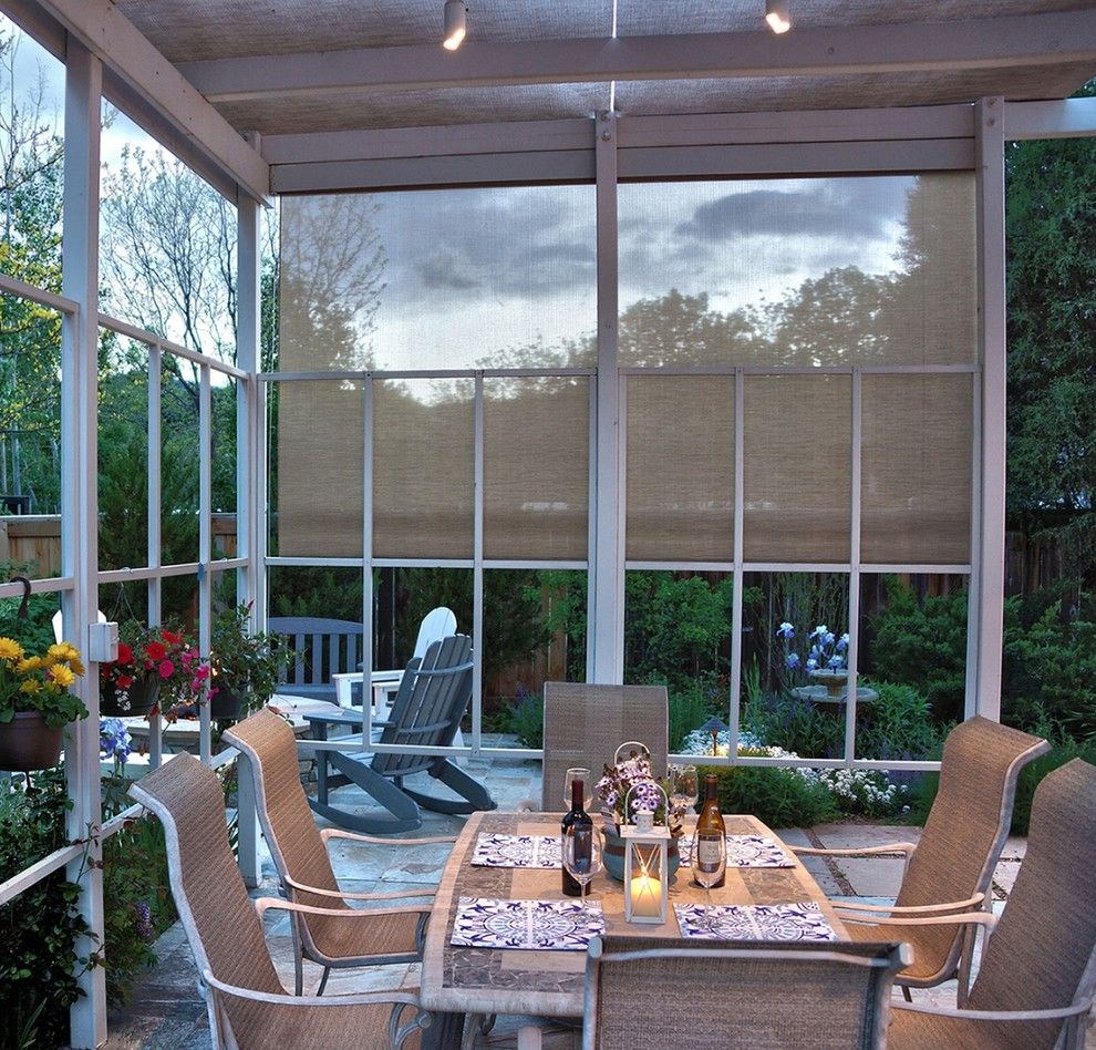 Qmotion for a Modern Patio with a Green Hills and Open Patio Shades by Lightstyle Solutions