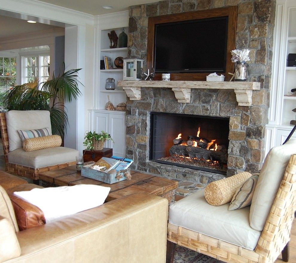 Quality Stone Veneer for a Beach Style Living Room with a Stone Fireplaces and My Houzz: Cape Cod Style in California by Dana Nichols