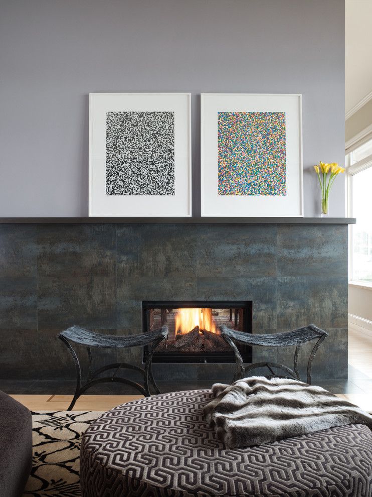 Rectified Tile for a Contemporary Living Room with a Small Fireplace and Tiburon by Gloria Marth Design