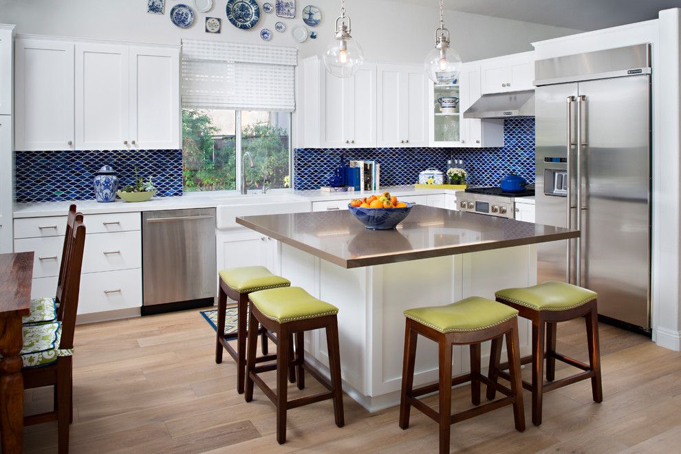 Rectified Tile for a Transitional Kitchen with a Glass Pendant Light and Turnberry Drive by Tracy Lynn Studio