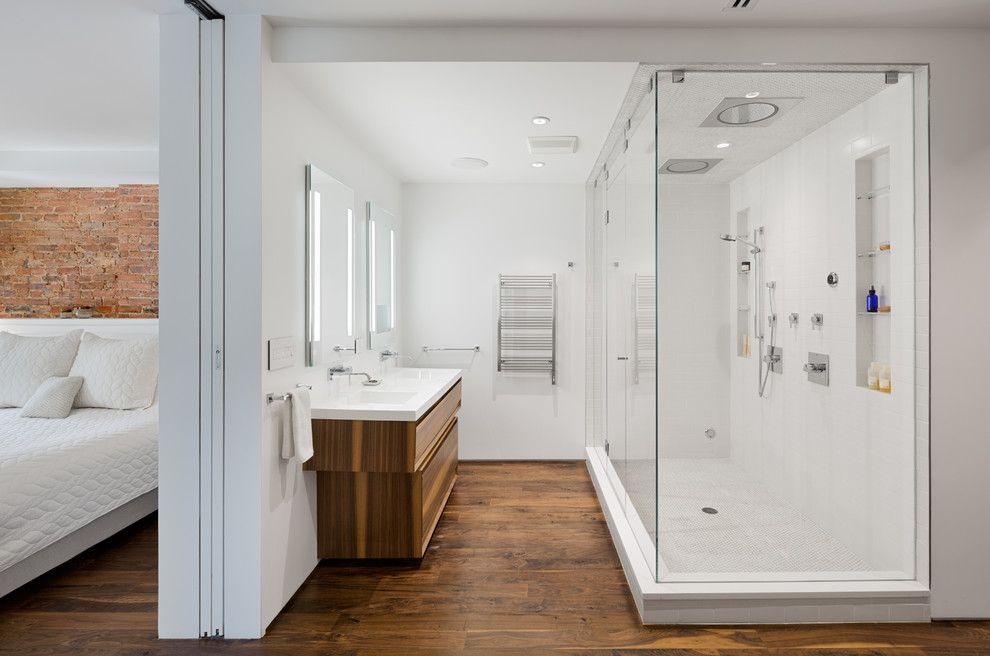 Redi Floors for a Contemporary Bathroom with a Two Sinks and Prospect Heights Townhouse by Builtin Studio