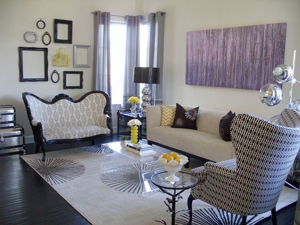 Refinished Furniture for a Transitional Living Room with a Mirror Ball Lamp and Living Room by Nina Jizhar