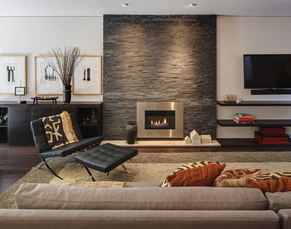 Regency Fireplace for a Contemporary Living Room with a Black Leather Ottoman and Midvale Courtyard House by Bruns Architecture