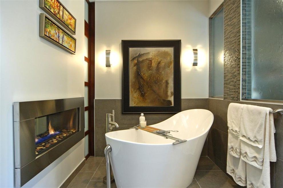 Regency Fireplace for a Modern Bathroom with a Mosaic and Modern Tranquility by a Collaborative Design Group