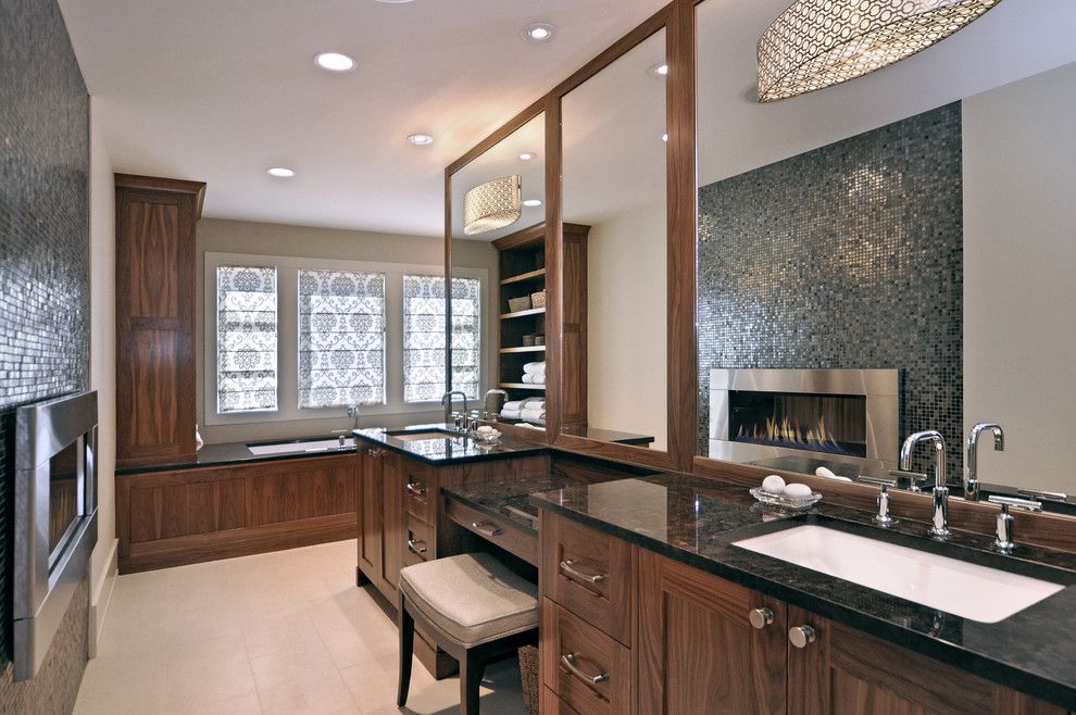 Regency Fireplace for a Transitional Bathroom with a Drum Shade Pendant Lights and Bathroom by Bruce Johnson & Associates Interior Design