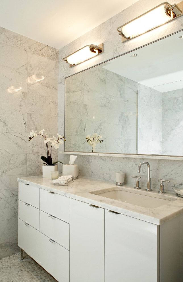 Retro Renovation for a Contemporary Bathroom with a Widespread Faucet and Lower East Side Contemporary Renovation + Interior Design by B Moore Design, Inc.