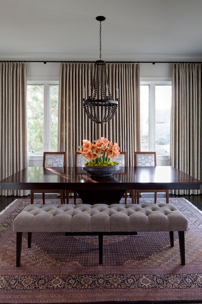 Reupholstered for a Transitional Dining Room with a Pleated Curtains and Hinsdale Greek Revival by Buckingham Interiors + Design Llc