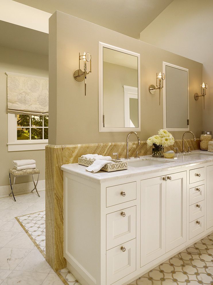 Revere Pewter Paint for a Transitional Bathroom with a White Shaker Panel Cabinets and Palo Alto Residence by Melanie Coddington