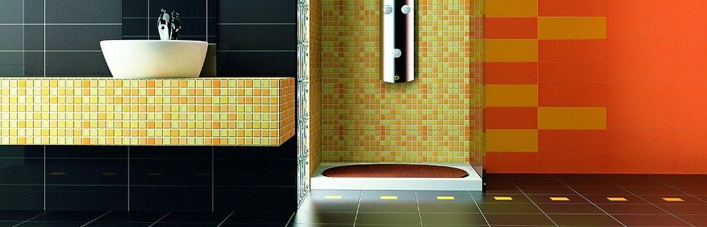 Roca Tile for a Modern Bathroom with a Colored Tile and Roca Tile by Timeless Interiors