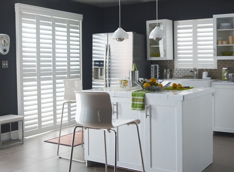 Roma Tile for a Modern Kitchen with a Kitchen and Polysatin Shutters by Budget Blinds