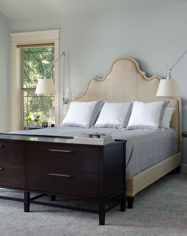 Romanelli and Hughes for a Transitional Bedroom with a Nailhead Detail and North Seattle by Lara Taylor Interiors