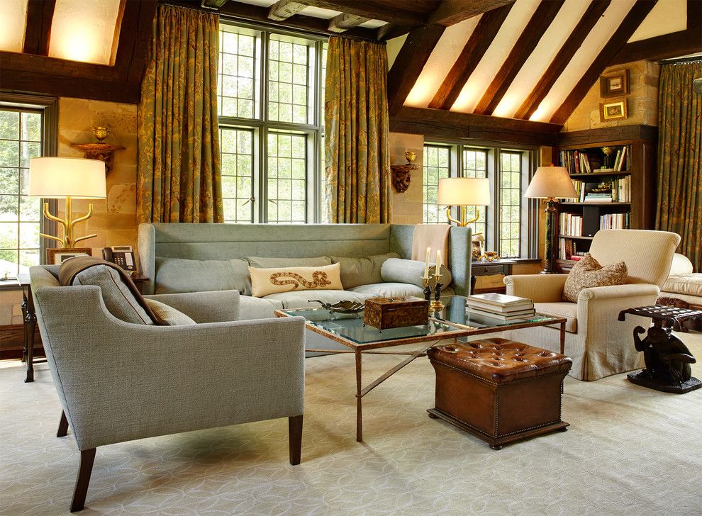 Rose Tarlow for a Traditional Family Room with a Neutral and Greenwich Tudor  Saladino Sofa, Rose Tarlow Chairs, Coffee Table From Cls Antiqu by Ellsworth Ford Associates