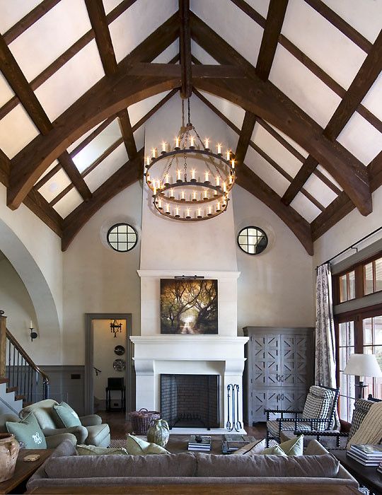 Rumford Fireplace for a Rustic Living Room with a Beams and Pine Grove Point by Wright Design