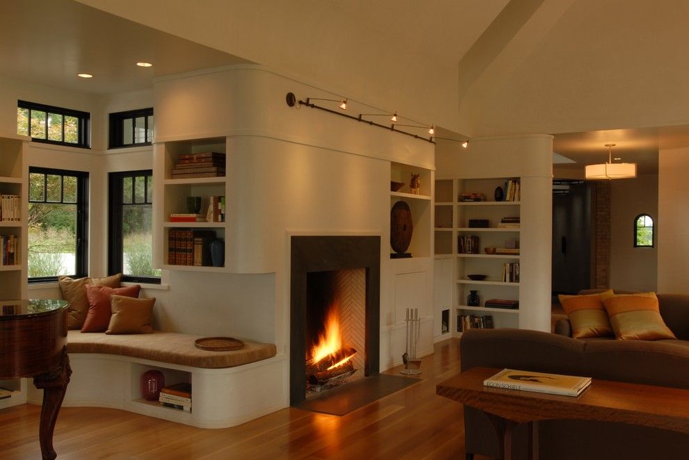 Rumford Fireplace for a Transitional Living Room with a Light Wood Floors and Sitting Room by Nautilus Architects Llc