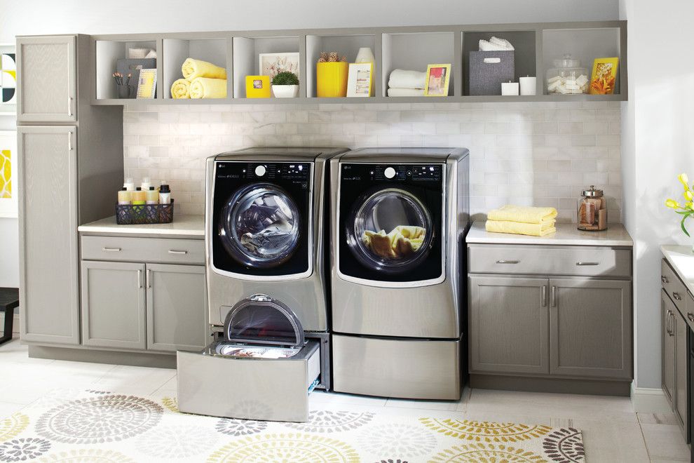 Ryland Homes Reviews for a Contemporary Laundry Room with a White Backsplash and Lg Electronics by Lg Electronics